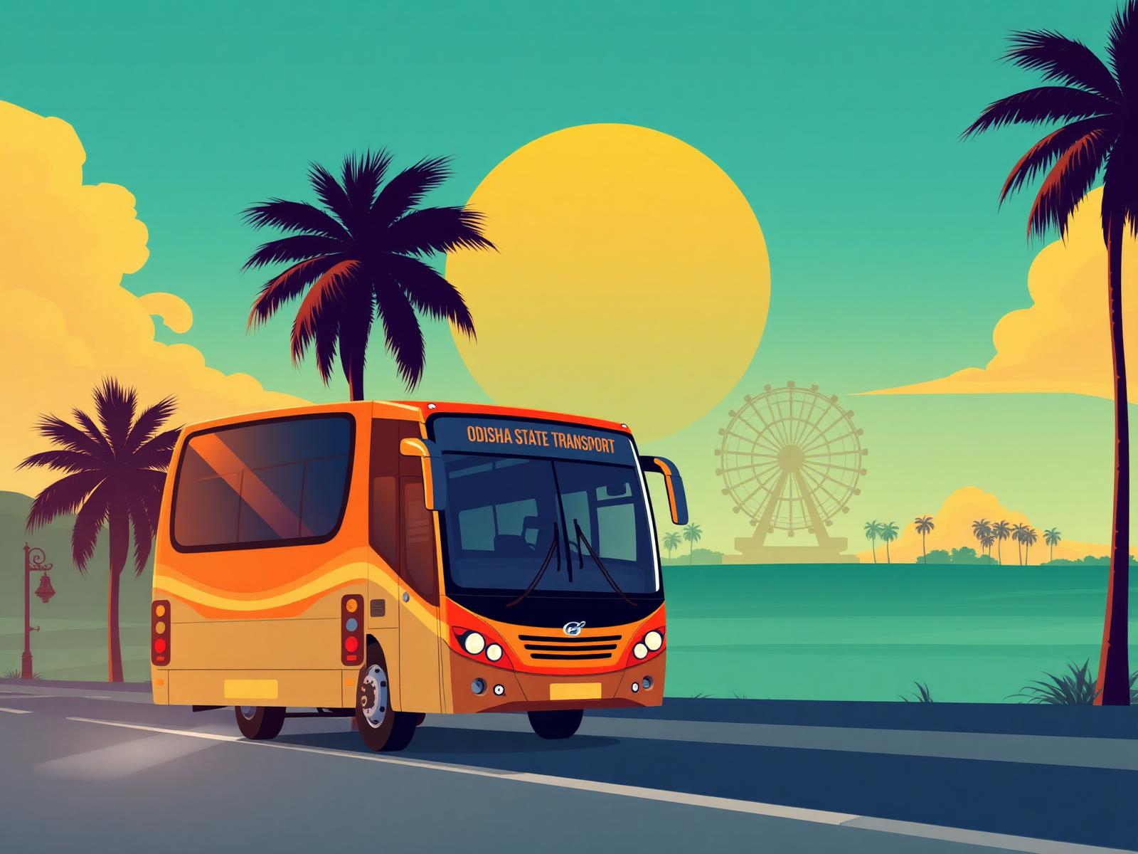 Amagadi bus travelling through Odisha at sunset